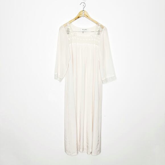 VTG CHRISTIAN DIOR pink 100% Nylon Lace Trim 3/4 Sleeve Midi Length Nightgown S - Picture 1 of 8